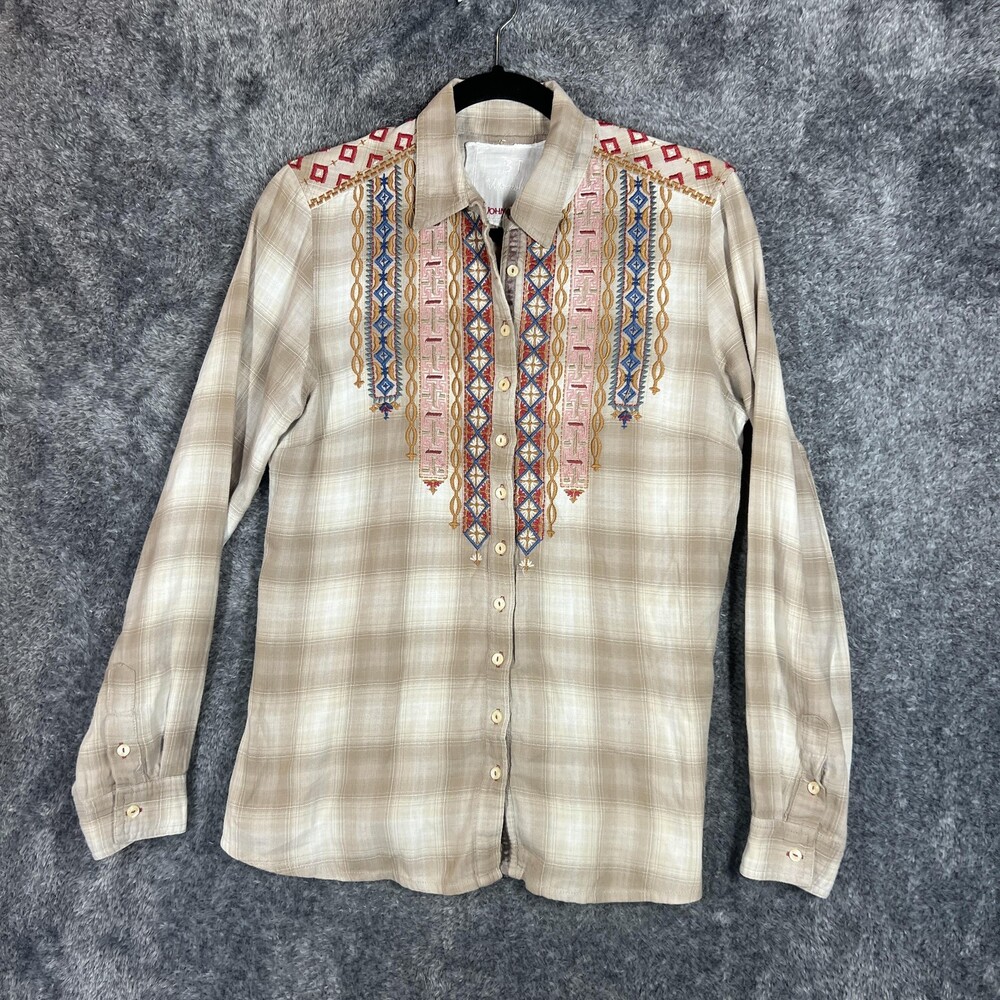 Johnny Was Shirt Womens Small Beige Plaid Embroidered Button Front Boho Western